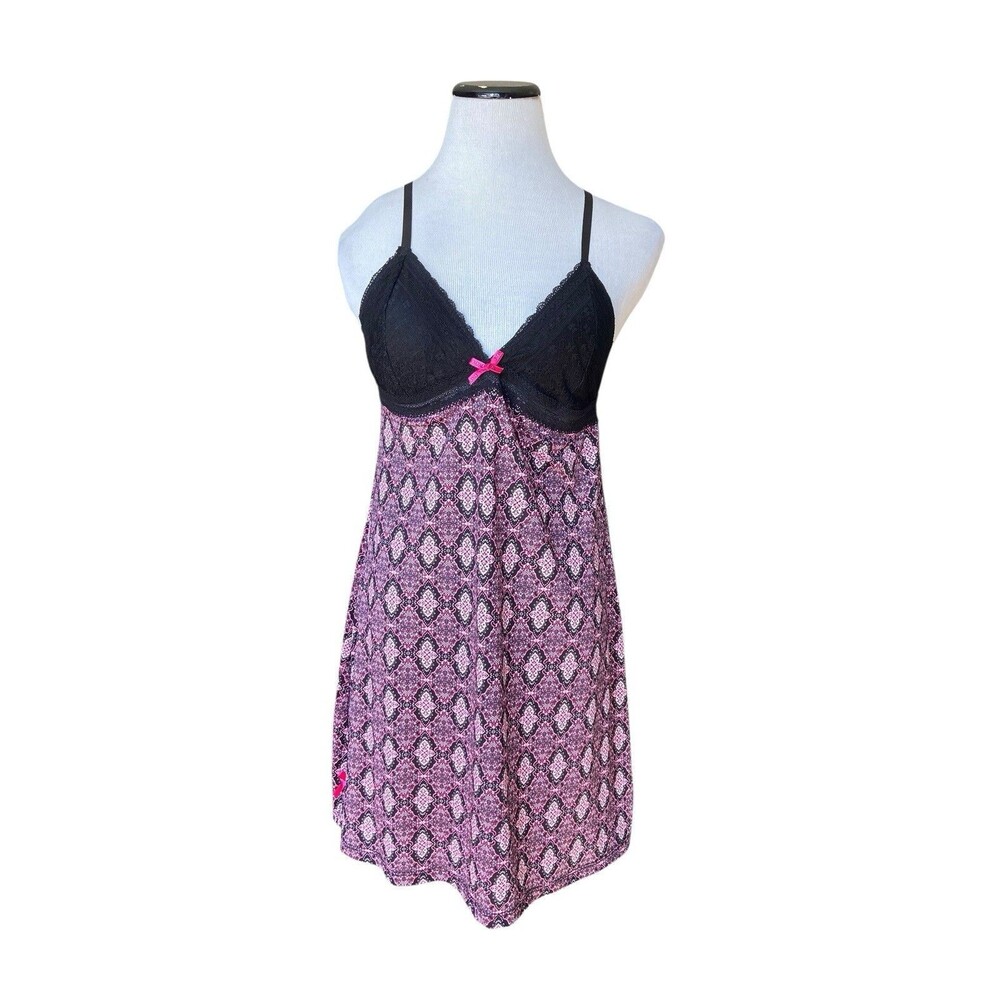 XOXO Womens Lace‎ Trim Slip Dress Size L Black Pink Y2K Coquette Lingerie Sexy